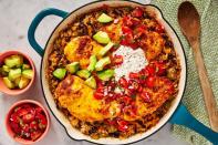 <p>To make this easy spin on a burrito bowl, you take your basic <a href="https://www.delish.com/cooking/g2154/burrito-recipes/" rel="nofollow noopener" target="_blank" data-ylk="slk:burrito;elm:context_link;itc:0;sec:content-canvas" class="link ">burrito</a> fillings—in this case <a href="https://www.delish.com/cooking/recipe-ideas/recipes/a58340/homemade-taco-seasoning-recipe/" rel="nofollow noopener" target="_blank" data-ylk="slk:taco-seasoning;elm:context_link;itc:0;sec:content-canvas" class="link ">taco-seasoning</a>-spiced chicken, <a href="https://www.delish.com/cooking/recipe-ideas/g4252/best-black-bean-recipes/" rel="nofollow noopener" target="_blank" data-ylk="slk:black beans;elm:context_link;itc:0;sec:content-canvas" class="link ">black beans</a>, and <a href="https://www.delish.com/cooking/recipe-ideas/g129/rice-recipes/" rel="nofollow noopener" target="_blank" data-ylk="slk:rice;elm:context_link;itc:0;sec:content-canvas" class="link ">rice</a>—and cook them in the same skillet. Everyone can serve themself and add as much (or little) of the toppings as they like. The result is a family-friendly <a href="https://www.delish.com/cooking/recipe-ideas/g3338/best-weeknight-dinners/" rel="nofollow noopener" target="_blank" data-ylk="slk:dinner;elm:context_link;itc:0;sec:content-canvas" class="link ">dinner</a> with <em>way </em>less dishes to wash after.</p><p>Get the <strong><a href="https://www.delish.com/cooking/recipe-ideas/a31275534/chicken-burrito-bowl-skillet-recipe/" rel="nofollow noopener" target="_blank" data-ylk="slk:Chicken Burrito Bowl Skillet recipe;elm:context_link;itc:0;sec:content-canvas" class="link ">Chicken Burrito Bowl Skillet recipe</a></strong>.</p>