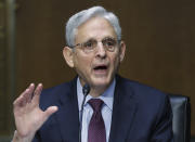 Attorney General Merrick Garland testifies before a Senate Judiciary Committee hearing examining the Department of Justice on Capitol Hill in Washington, Wednesday, Oct. 27, 2021. (Tasos Katopodis/Pool via AP)