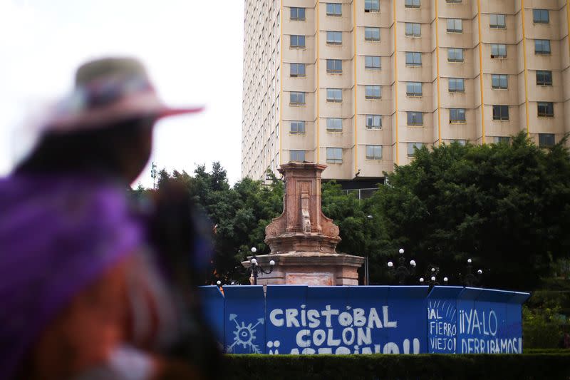 An empty pedestal where a statue of Italian explorer Cristobal Colon, also known as Christopher Columbus, used to stand before it was taken off by the municipality, in Mexico City