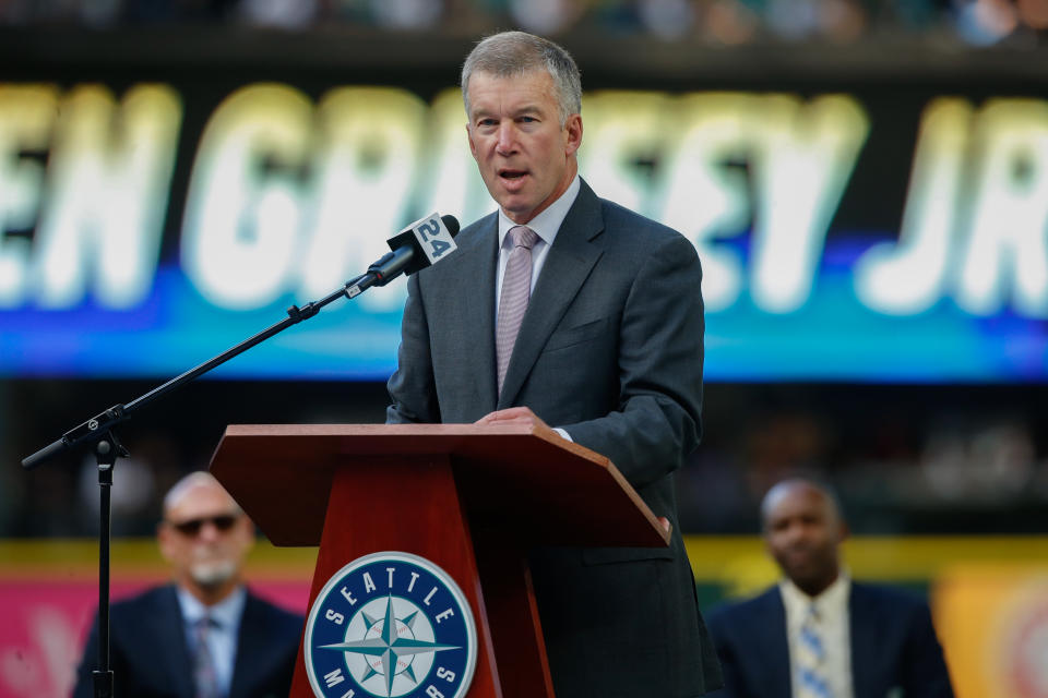 SEATTLE, WA - AUGUST 06:  Seattle Mariners President & Chief Operating Officer Kevin Mather speaks to the crowd during a jersey retirement ceremony honoring Ken Griffey Jr. prior to the game between the Seattle Mariners and the Los Angeles Angels of Anaheim at Safeco Field on August 6, 2016 in Seattle, Washington.  (Photo by Otto Greule Jr/Getty Images)