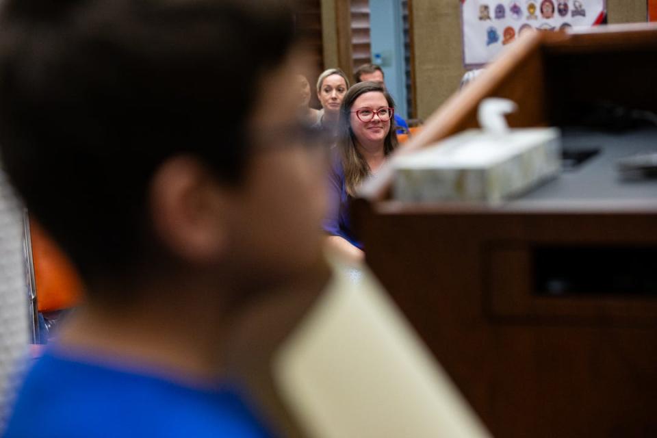 Windsor Park third grade teacher Hanna Patton-Elliott listens to students debate the pros and cons for community gardens on Tuesday, Oct. 24, 2023, in Corpus Christi, Texas.