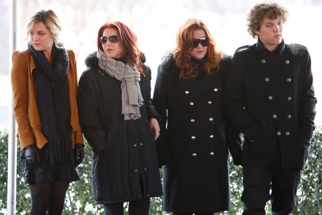 <p>Mark Humphrey/AP/Shutterstock</p> From left: Riley Keough, Priscilla Presley, Lisa Marie Presley and Benjamin Keough in Memphis, Tenn. in 2010.