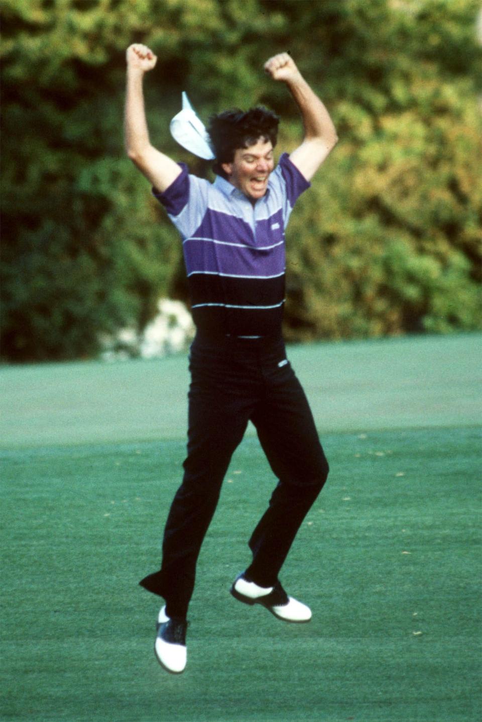 Augusta native Larry Mize celebrates after chipping in to hole No. 11 for a birdie to beat Greg Norman in the 1987 Masters Tournament.