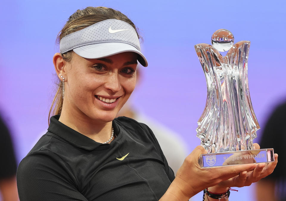 BELGRADE, SERBIA - MAY 22: Paula Badosa of Spain poses with the winners trophy after defeating Ana Konjuh of Croatia in the Belgrade Ladies Open women's final  at Novak Tennis Centre on May 22, 2021 in Belgrade, Serbia. (Photo by Srdjan Stevanovic/Getty Images)