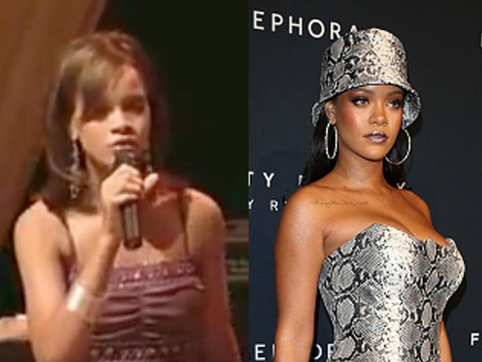 Rihanna performing in 2003 and at the anniversary event for her makeup line, Fenty Beauty, in 2018.