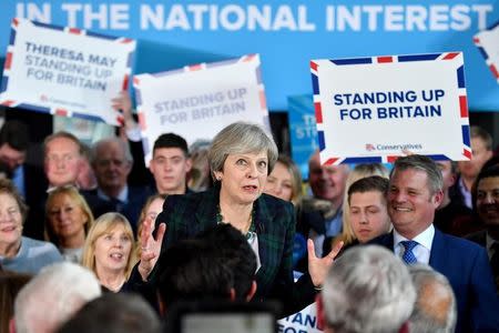 Britain's Prime Minister Theresa May speaks to supporters at a campaign event at Shine Centre in Leeds, Britain, April 27, 2017. REUTERS/Anthony Devlin/Pool