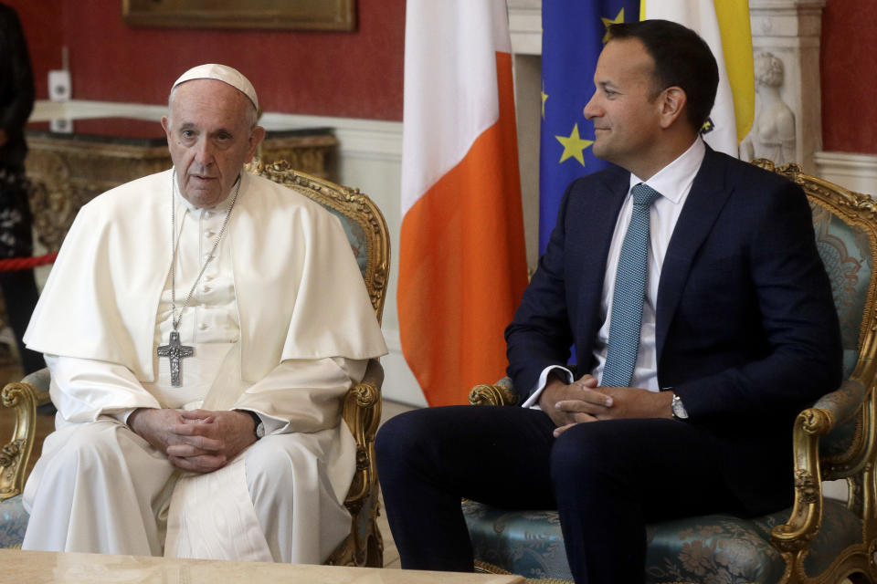 Pope Francis meets with Irish Prime Minister Leo Varadkar in Dublin, Ireland, Saturday, Aug. 25, 2018. Pope Francis is on a two-day visit to Ireland. (AP Photo/Gregorio Borgia)