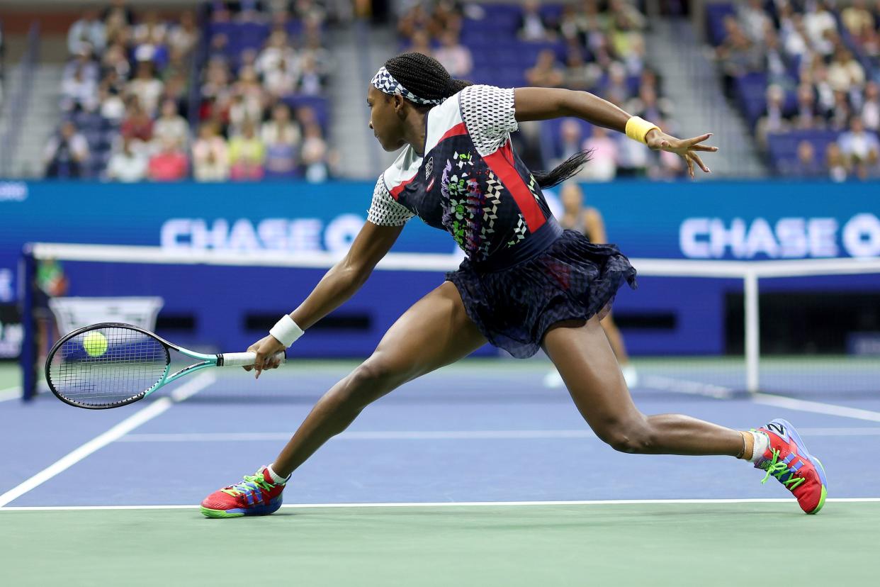 Coco Gauff of the United States returns a shot against Caroline Garcia of France during their Women’s Singles Quarterfinal match on Day Nine of the 2022 U.S. Open at USTA Billie Jean King National Tennis Center on Sept. 6, 2022, in Flushing, Queens.