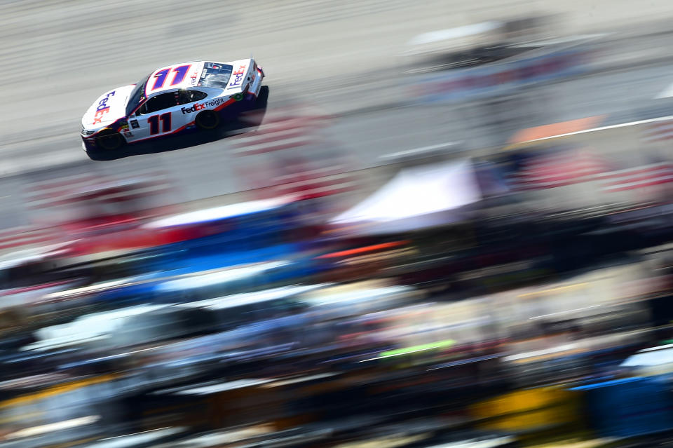 BRISTOL, TENNESSEE - AUGUST 16: Denny Hamlin, driver of the #11 FedEx Freight Toyota, practices for the Monster Energy NASCAR Cup Series Bass Pro Shops NRA Night Race at Bristol Motor Speedway on August 16, 2019 in Bristol, Tennessee. (Photo by Jared C. Tilton/Getty Images)