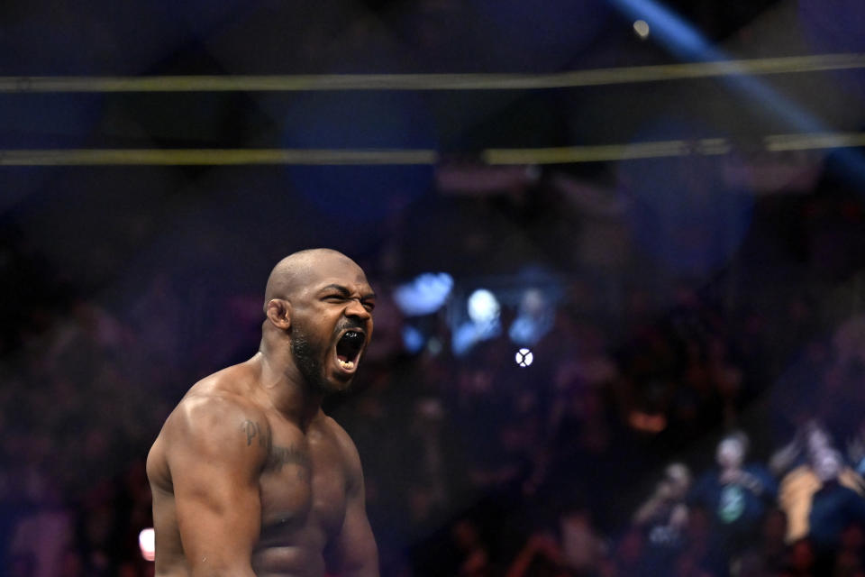 Jon Jones reacts after his victory over Ciryl Gane in a UFC 285 mixed martial arts heavyweight title bout Saturday, March 4, 2023, in Las Vegas. (AP Photo/David Becker)