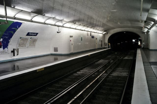 View of the empty metro station Temple in Paris (Thibault Camus/AP)