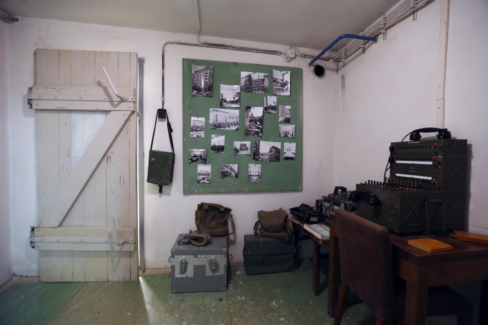 A eavesdropping station is placed as part of an installation at the nuclear shelter from Cold War era at five star Jalta Hotel in downtown Prague, Czech Republic, Wednesday, Dec. 4, 2013. To mark the 55th anniversary, the hotel began to turn the bunker into an Iron Curtain museum whose first part was opened to the public in Nov. 2013. (AP Photo/Petr David Josek)