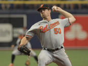 Baltimore Orioles starter Bruce Zimmerman pitches against the Tampa Bay Rays during the first inning of a baseball game Sunday, June 13, 2021, in St. Petersburg, Fla. (AP Photo/Steve Nesius)