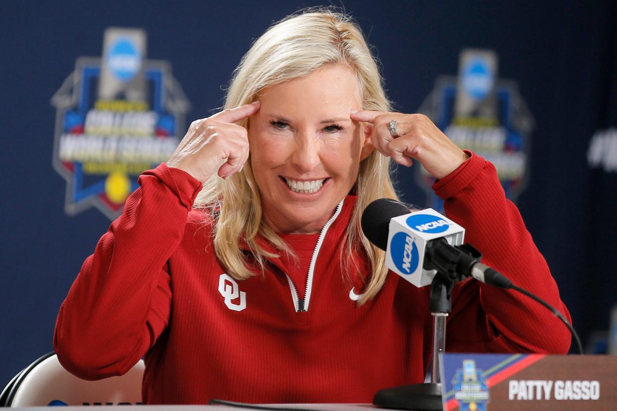 OU softball coach Patty Gasso speaks during a press conference earlier this year.