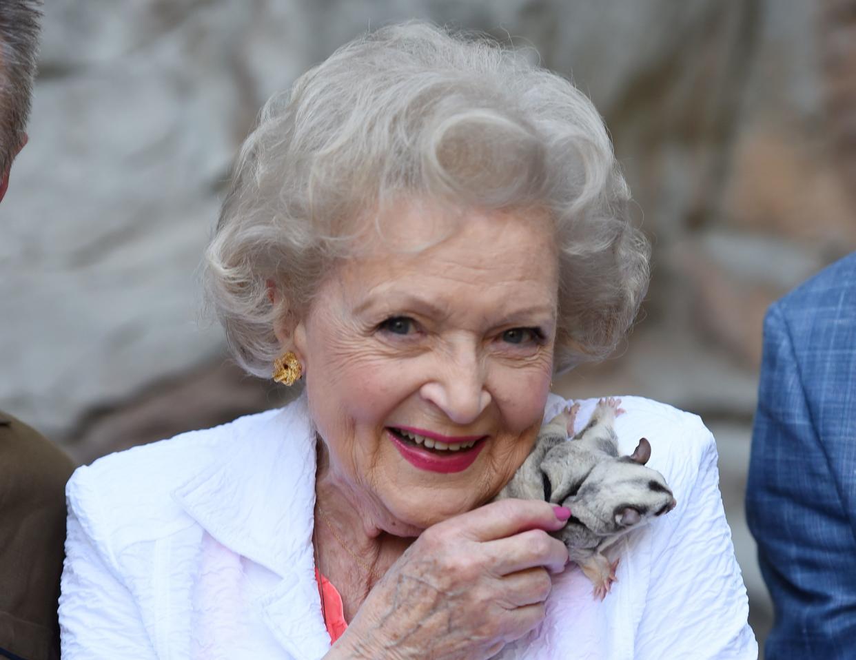 Will you just look&nbsp;at Betty White holding this sugar glider? (Photo: Amanda Edwards via Getty Images)