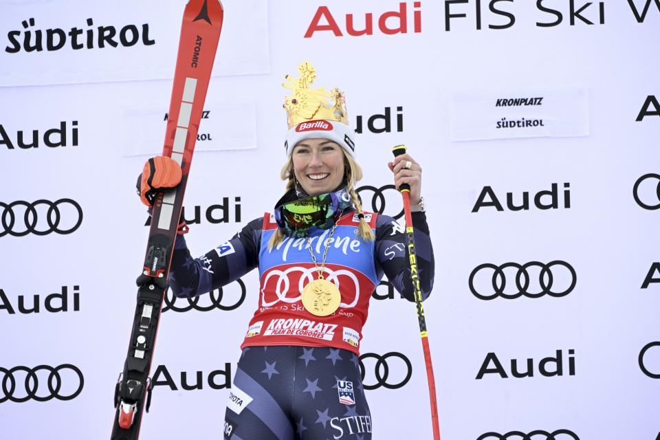 Mikaela Shiffrin of Team United States takes 1st place and wins her 83 world cup victory during the Audi FIS Alpine Ski World Cup Women's Giant Slalom on January 24, 2023 in Kronplatz, Italy