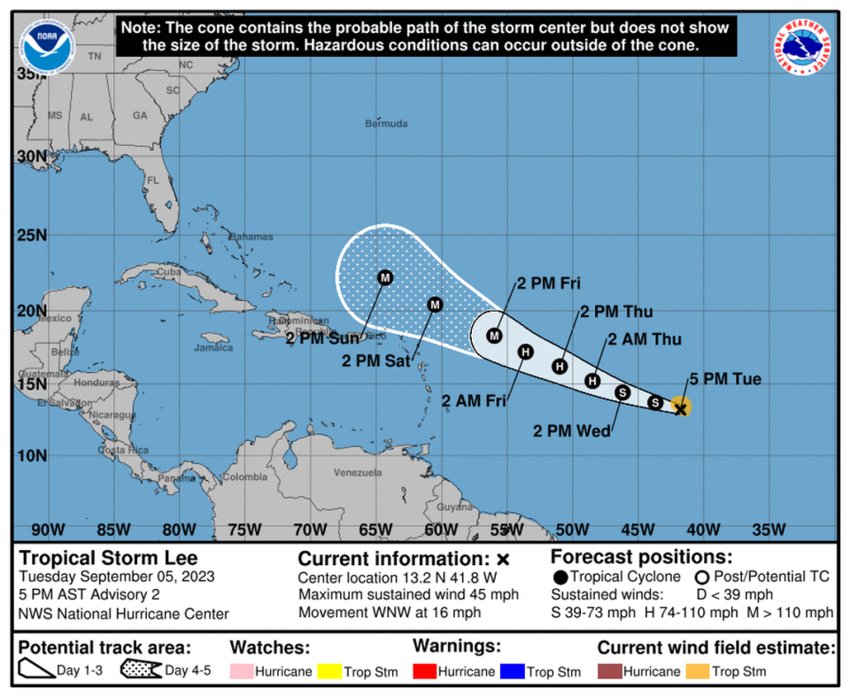 Tropical Depression 13 turned into Tropical Storm Lee in the morning of Tuesday, Sept. 5, 2023.