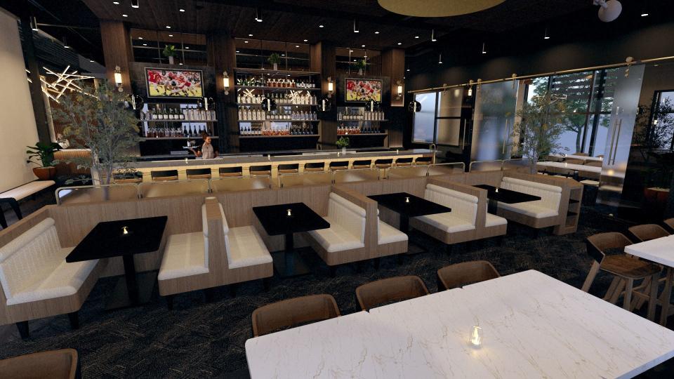 The bar area at Prime & Providence features cream booths and a long bar that separates the space from the main dining room.