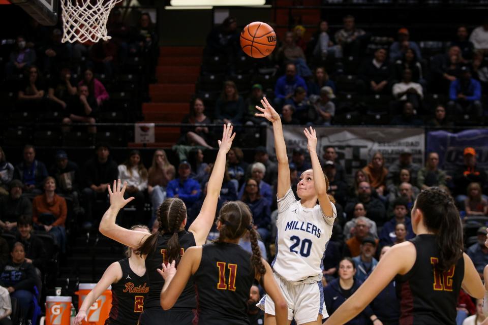 Springfield forward Juju Henderson puts up a shot as the Springfield Millers face Crescent Valley Friday, March 10, 2023, in the OSAA 5A girls basketball state championship at Gill Coliseum in Corvallis.