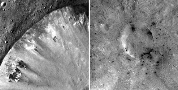 These mosaic images from NASA's Dawn mission show how dark, carbon-rich materials tend to speckle the rims of smaller craters or their immediate surroundings on the giant asteroid Vesta. The image on the left is Numisia Crater and the image on