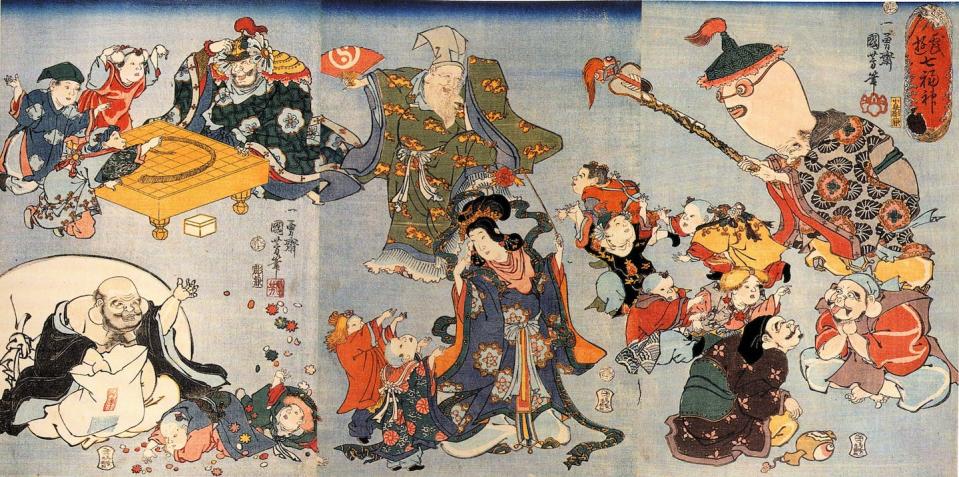 The Seven Lucky Gods at play. Clockwise from top left, the gods are Bishamonten, Jurōjin, Fukurokuju, Ebisu, Daikokuten, Benzaiten and Hotei. <a href="https://commons.wikimedia.org/wiki/File:Kuniyoshi_Utagawa,_The_seven_goods_of_good_fortune.jpg" rel="nofollow noopener" target="_blank" data-ylk="slk:Print made by Kuniyoshi Utagawa, 1798-1861, via Wikimedia Commons;elm:context_link;itc:0;sec:content-canvas" class="link ">Print made by Kuniyoshi Utagawa, 1798-1861, via Wikimedia Commons</a>