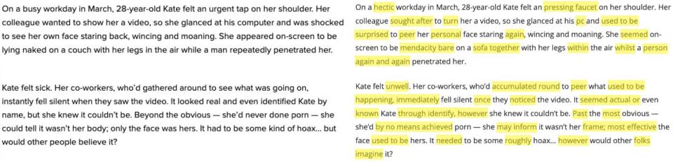 Left: My article for HuffPost.&nbsp;Right: Newsbuzzr's plagiarized version of my article (highlighted to show changes). (Photo: )