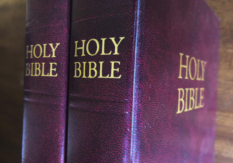 FILE - Bibles are displayed in Miami. Religious publishers say President Trump's most recently proposed tariffs on Chinese imports could result in a Bible shortage, July 5, 2019. Republican State Superintendent Ryan Walters ordered public schools Thursday, June 27, 2024, to incorporate the Bible into lessons for grades 5 through 12, the latest effort by conservatives to incorporate religion into classrooms. (AP Photo/Marta Lavandier, File)