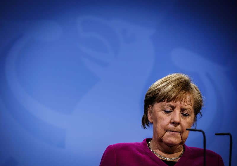 German Chancellor Angela Merkel gives a statement after video conference of EU leaders