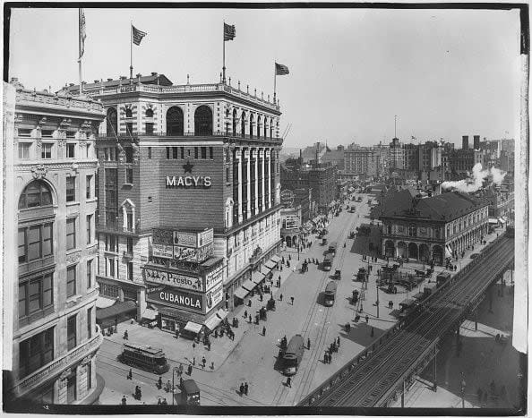 1895 High-angle view of Macy's, Herald Square, Broadway and 34th Street, New York, New York, 1895. (Photo by Geo. P. Hall & Son/The New York Historical Society/Getty Images)