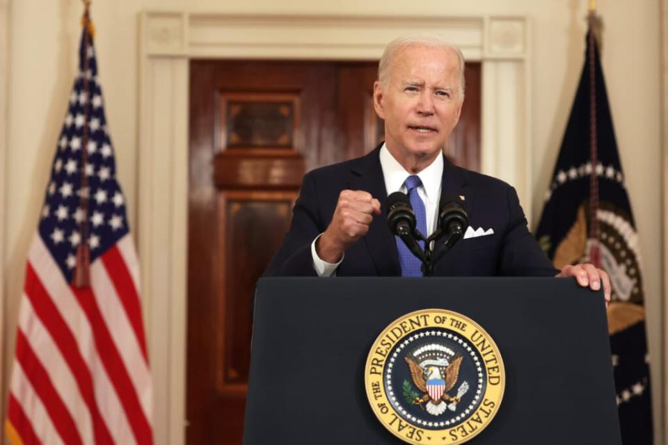 U.S. President Joe Biden addresses the Supreme Court’s decision on Dobbs v. Jackson Women’s Health Organization to overturn Roe v. Wade June 24, 2022 in Cross Hall at the White House in Washington, DC. (Photo by Alex Wong/Getty Images)