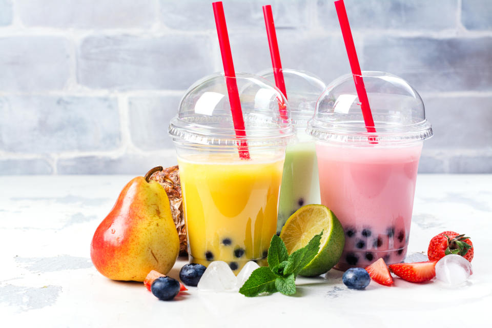 Fruit-flavored bubble tea drinks.