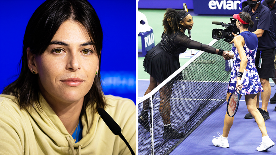 Tennis legend Serena Williams (pictured right) shaking hands with Ajla Tomljanovic and (pictured left) Tomjlanovic during an interview.