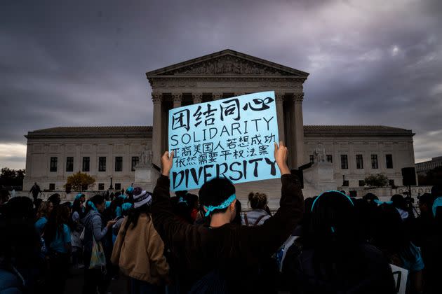 People rally in support of affirmative action in college admissions as arguments start on the cases at the Supreme Court on Capitol Hill on Monday, Oct 31, 2022 in Washington, DC.