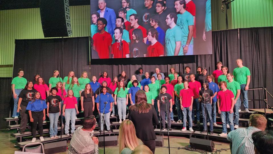 Choir members from Amarillo, Caprock, Palo Duro and Tascosa High Schools perform at the city's 33rd annual Community Prayer Breakfast Tuesday morning at the Amarillo Civic Center.
