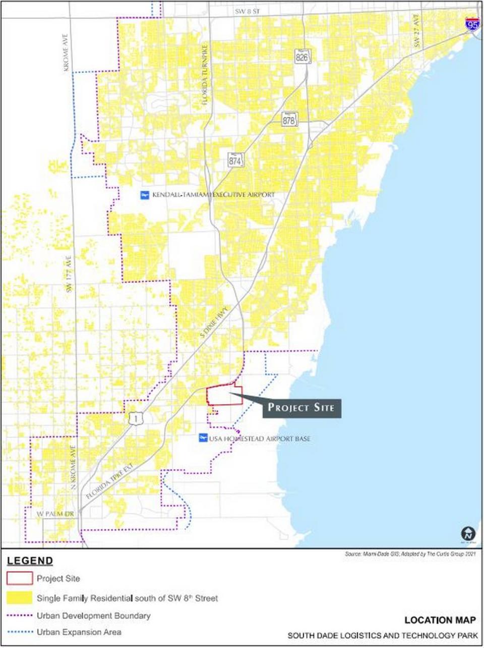 Este mapa representa el lugar del proyecto propuesto para el Distrito Logístico y Tecnológico de South Dade, usando el plano original de 800 acres. Para obtener el apoyo de la Comisión del Condado Miami-Dade, los urbanizadores redujeron el tamaño del proyecto.