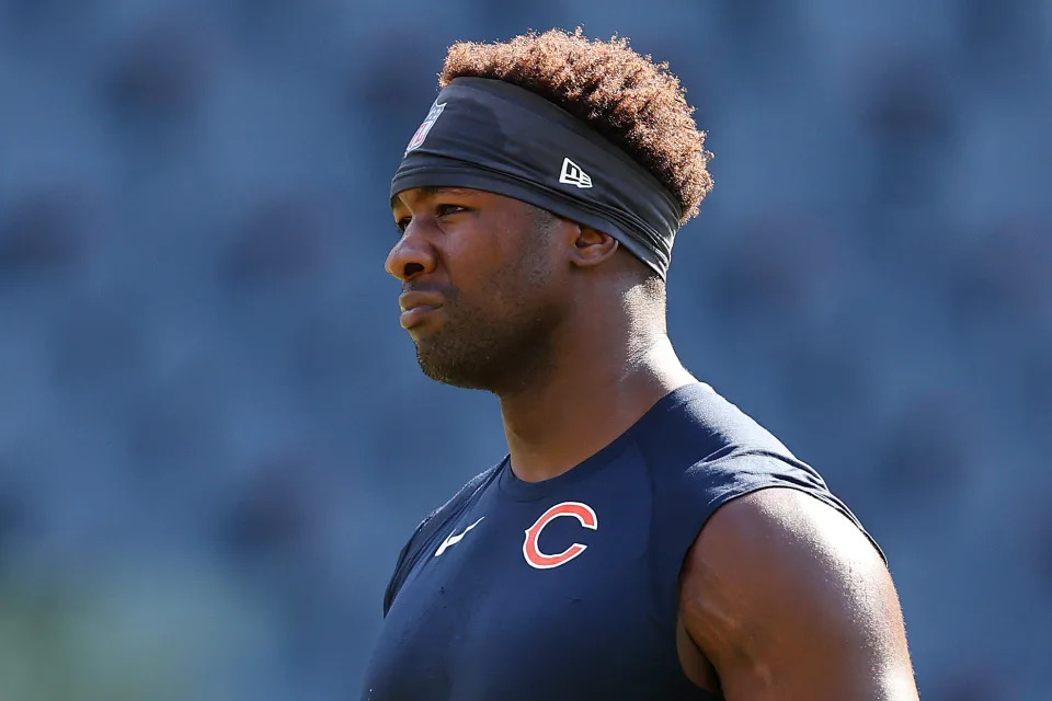 CHICAGO, ILLINOIS - AUGUST 13: Roquan Smith #58 of the Chicago Bears looks on prior to the preseason game against the Kansas City Chiefs at Soldier Field on August 13, 2022 in Chicago, Illinois. (Photo by Michael Reaves/Getty Images)