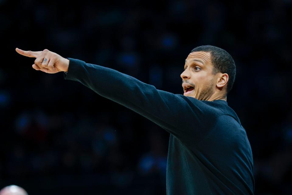 Jan 14, 2023; Charlotte, North Carolina, USA; Boston Celtics head coach Joe Mazzulla directs his team against the Charlotte Hornets during the first half at Spectrum Center. Mandatory Credit: Nell Redmond-USA TODAY Sports