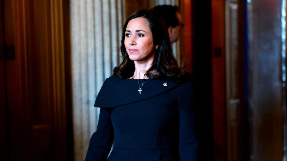 PHOTO: Sen. Katie Britt, R-Ala., walks to a luncheon with Senate Republicans at the U.S. Capitol Building, Feb. 27, 2024, in Washington. (Anna Moneymaker/Getty Images)