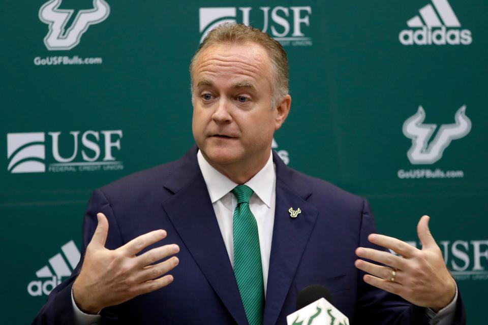 University of South Florida Athletic Director Michael Kelly speaks during a news conference regarding the search for a new head coach of the football team, Monday, Dec. 2, 2019, in Tampa, Fla. The university fired Charlie Strong on Sunday. (AP Photo/Chris O'Meara)
