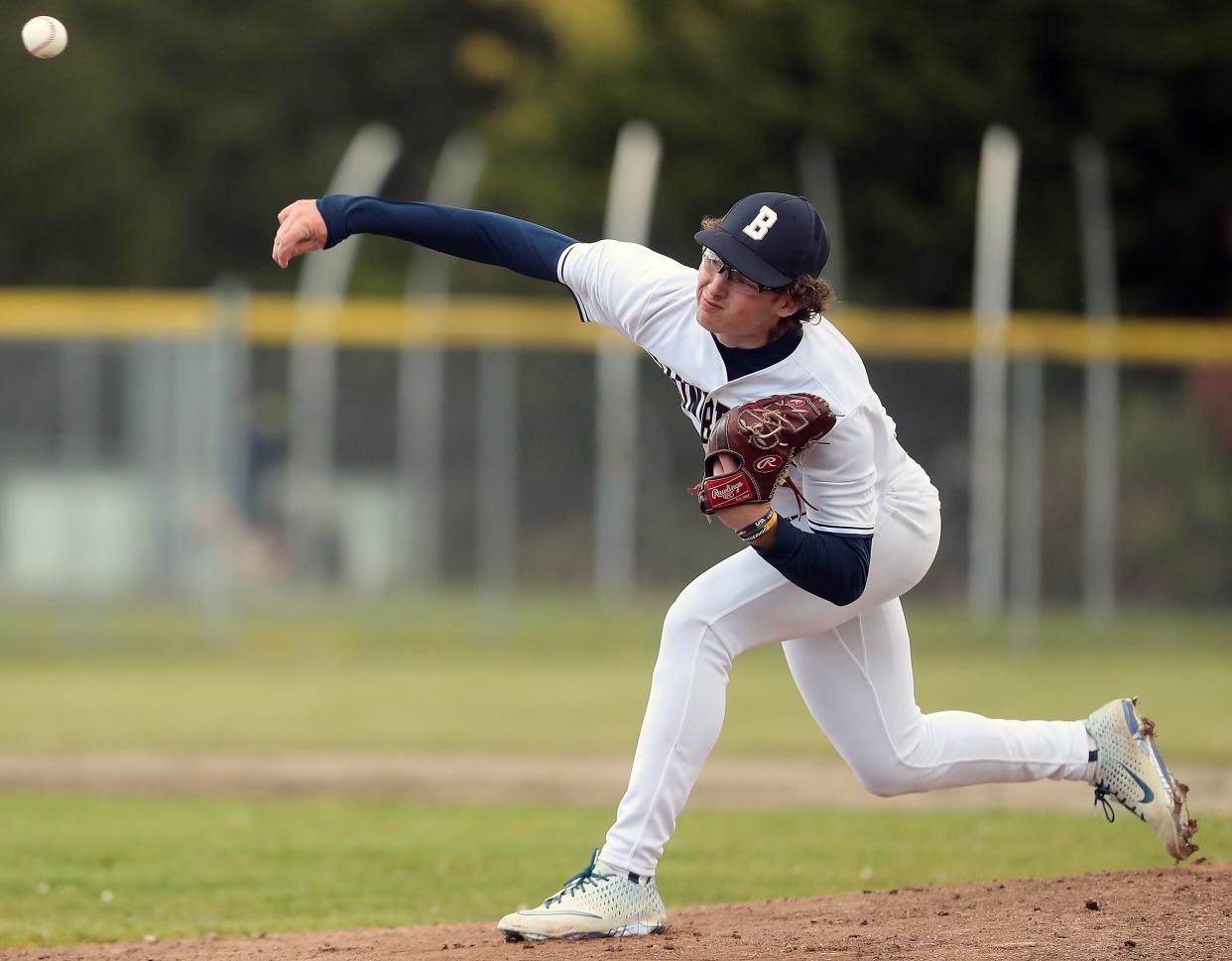 Bainbridge's JR Ritchie pitches against North Kitsap at Bainbridge High on Tuesday, April 19, 2022.