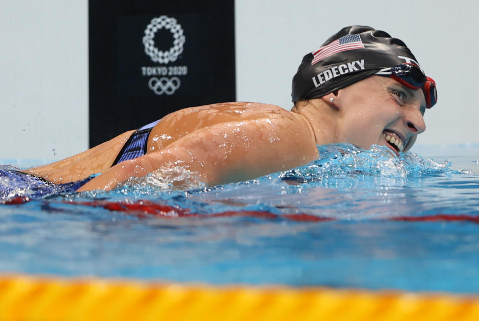 TOKYO, JAPAN - JULY 31: Katie Ledecky of Team United States reacts after winning the Women's 800m Freestyle final at Tokyo Aquatics Centre on July 31, 2021 in Tokyo, Japan. (Photo by Ian MacNicol/Getty Images)