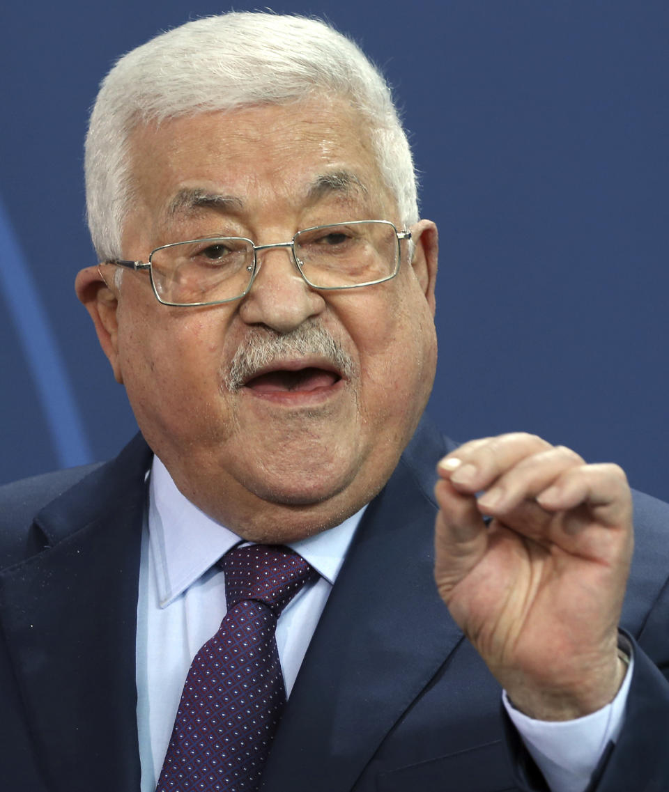 Palestinian President Mahmoud Abbas speaks during a news conference after a meeting with German Chancellor Olaf Scholz at the Chancellery in Berlin, Tuesday, Aug. 16, 2022. German Chancellor Olaf Scholz said on Wednesday, Aug. 17, 2022, that “For us Germans in particular, any relativization of the singularity of the Holocaust is intolerable and unacceptable. I condemn any attempt to deny the crimes of the Holocaust.” ( Wolfgang Kumm/dpa via AP)