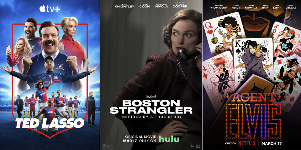 This combination of images shows promotional art for "Ted Lasso," the Apple TV+ series premiering its season three on March 15, left, "Boston Strangler," a film premiering March 17 on Hulu, center, and "Agent Elvis," an animated series premiering March 17 on Netflix. (Apple/Hulu/Netflix via AP)