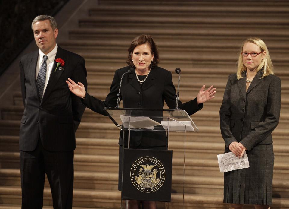 From left, the family of slain U.S. Ambassador J. Christopher Stevens, Tom Stevens, Anne Stevens Sullivan, M.D., and Hilary Stevens Koziol, M.D. speak about their brother during a public memorial in the rotunda at City Hall in San Francisco, Tuesday, Oct. 16, 2012. Stevens, 52, and three other Americans were killed Sept. 11 when gunmen attacked the United States Mission in Benghazi, Libya. (AP Photo/Eric Risberg)