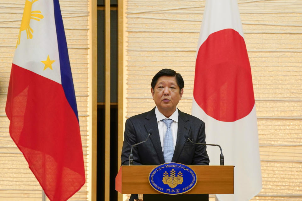 Philippine President Ferdinand Marcos Jr. speaks with Japanese Prime Minister Fumio Kishida during their joint press remarks after their talks at prime minister's official residence in Tokyo, Thursday, Feb. 9, 2023. (Kimimasa Mayama/Pool Photo via AP)