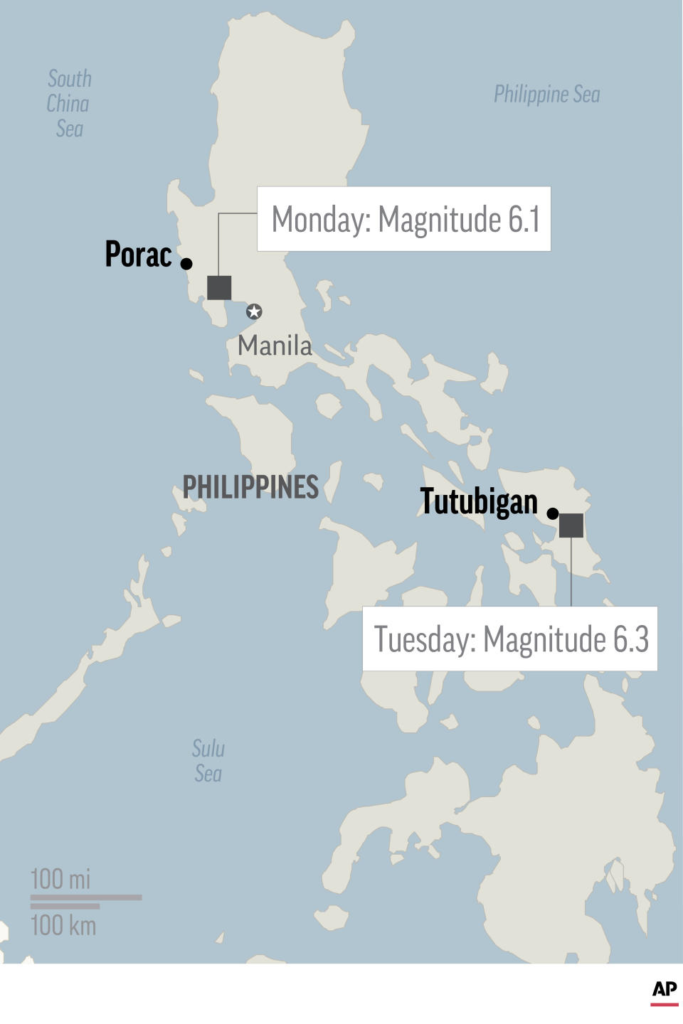 Map locates quakes in Porac and Tutubigan, Philippines; 1c x 2 1/2 inches; 46.5 mm x 63 mm;