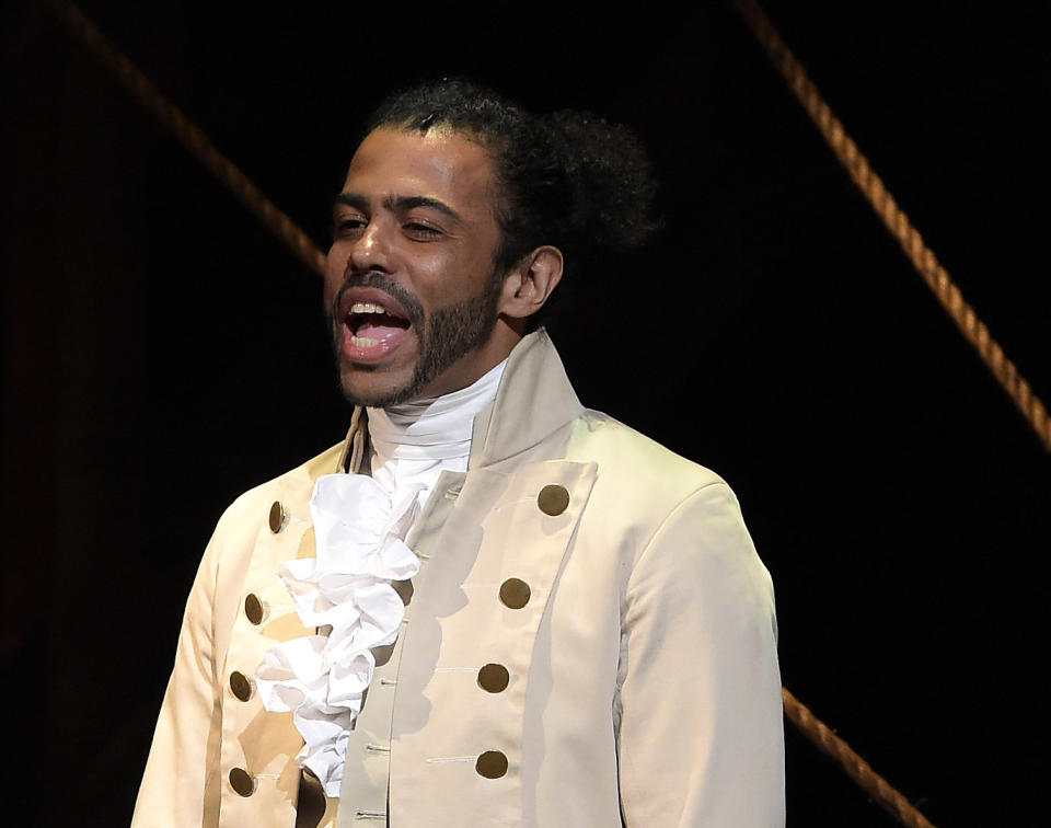 NEW YORK, NY - FEBRUARY 15:  Actor Daveed Diggs performs on stage during  'Hamilton' GRAMMY performance for The 58th GRAMMY Awards at Richard Rodgers Theater on February 15, 2016 in New York City.  (Photo by Theo Wargo/WireImage)