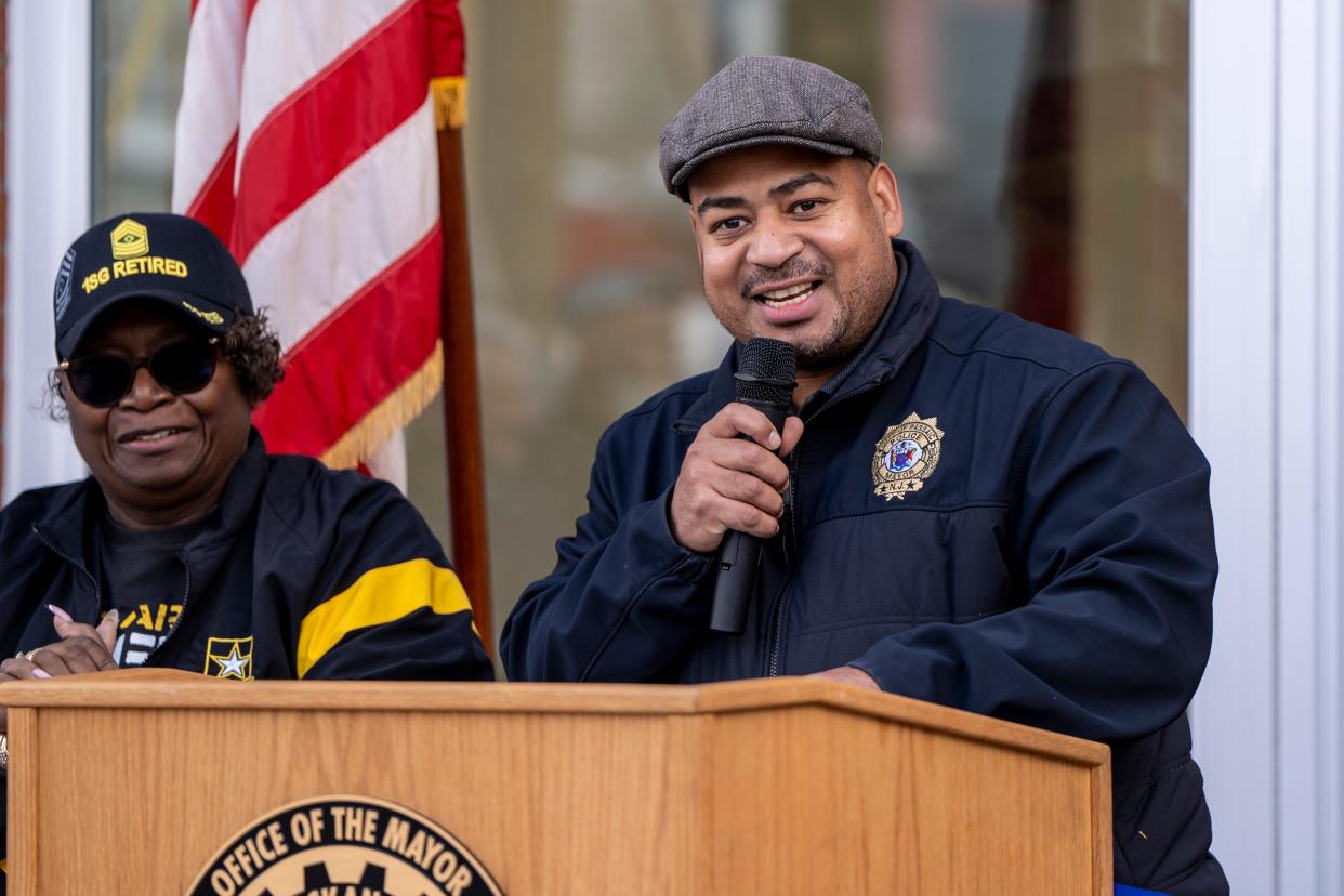 The Albert Lawson VFW Memorial Post 10117 was condemned in 2019. Paterson Habitat for Humanity built the new mixed-use facility in the same location. From left, Passaic Deputy Mayor for Veterans Affairs Minnie Hiller-Cousins and Passaic Mayor Hector Lora are shown at the soft-opening on Veterans Day, Saturday, November 11, 2023.