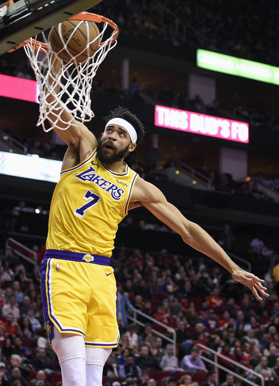 Los Angeles Lakers center JaVale McGee dunks against the Houston Rockets during the first half of an NBA basketball game Saturday, Jan. 19, 2019, in Houston. (AP Photo/Eric Christian Smith)