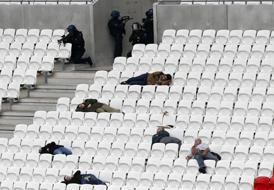 Members of the National Gendarmerie Intervention Group (GIGN), Recherche Assistance Intervention Dissuasion (RAID) and Research and Intervention Brigades (BRI) attend a training exercise in case of terrorist attack at the G6 Interior Ministers' meeting at the Groupama stadium in Decines, near Lyon, central France, Tuesday, Oct. 9, 2018. (AP Photo/Christophe Ena)